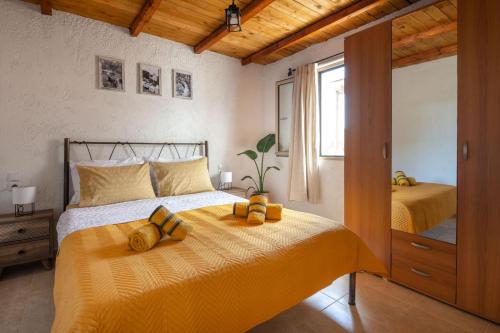 a bedroom with two beds with yellow sheets and a mirror at Το σπιτι του μελισσοκομου in Análipsis