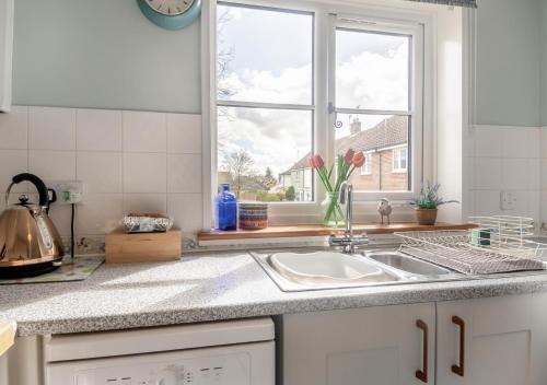 a kitchen counter with a sink and a window at Honeysuckle in Halesworth