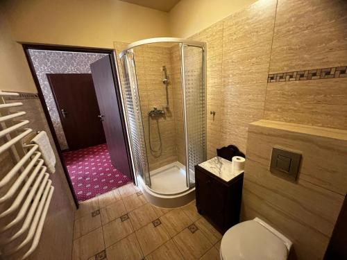 a small bathroom with a shower and a toilet at Hotelik Orański in Stronie Śląskie