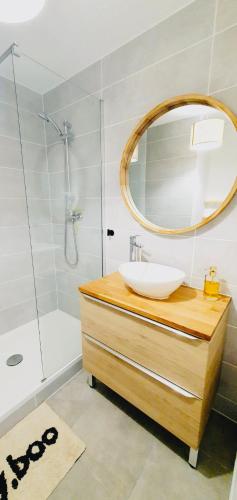 une salle de bain avec un lavabo et une douche avec un miroir dans l'établissement Superbe T2 - Proche gare, à Perpignan