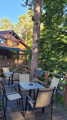 un patio con mesas, sillas y un árbol en Półwysep Lipa, en Wdzydze Tucholskie