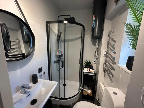a bathroom with a shower and a sink at Jomas 76 in Jūrmala