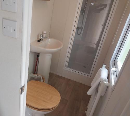 a bathroom with a sink and a toilet and a shower at Tree tops - 2 bedroom static caravan with decking in Hastings