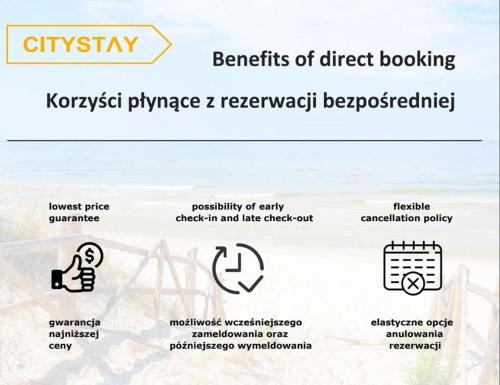 a screenshot of a website with the benefits of direct booking at CITYSTAY Pilsudskiego Apartment in Gdynia