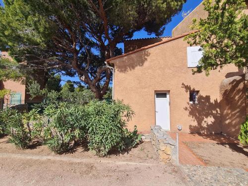 a brick house with a white door and a tree at Paisible maison à l'ombre des pins in Fitou