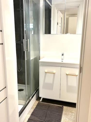 une salle de bain blanche avec une douche et un lavabo dans l'établissement Charmant appartement, atypique, proche du centre, à Antibes