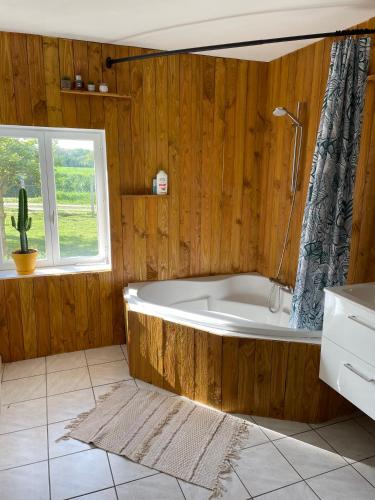 une salle de bain avec une baignoire et une fenêtre dans l'établissement Gîte de Courdoux, à Sargé Les Le Mans 