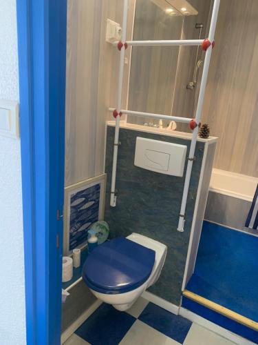 une salle de bain avec des toilettes bleues et un lavabo dans l'établissement Studio Saint Jean de Monts (Front de mer), à Saint-Jean-de-Monts