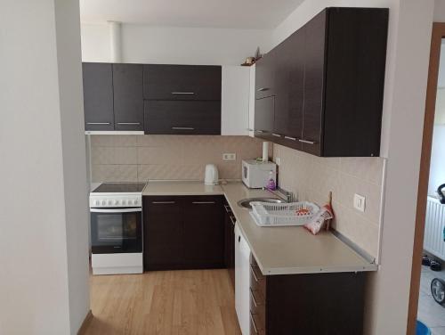 a kitchen with black cabinets and white appliances at L&L in Sarajevo