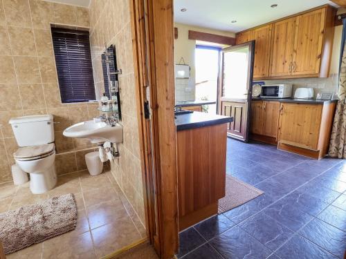 uma casa de banho com um WC e um lavatório em Dolphin Bach em Holywell