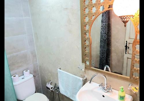 een badkamer met een toilet, een wastafel en een spiegel bij The Arabesque House in La Marsa