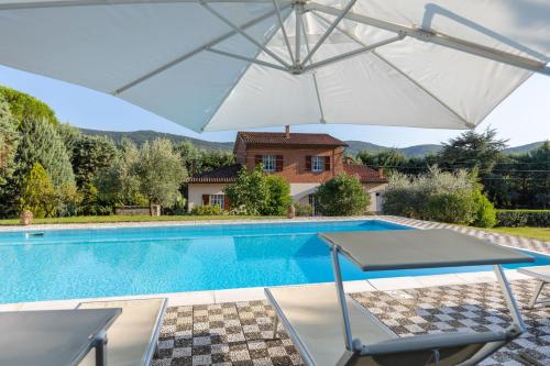 - une piscine avec un parasol et deux chaises dans l'établissement Villa Mimosa, à Cortone