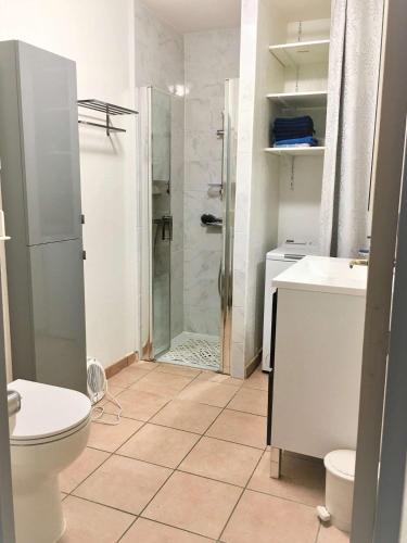 une salle de bain avec une douche, des toilettes et un lavabo dans l'établissement Maison MAS DE LA PLAGE villa 4 LEUCATE NATURISME PL040-004, à Port-Leucate