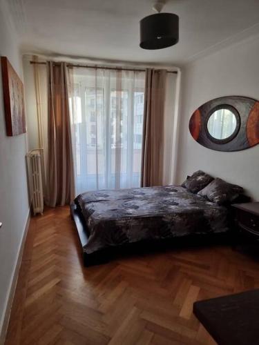 - une chambre avec un grand lit et une fenêtre dans l'établissement Joli appartement aux Eaux Vives, à Genève