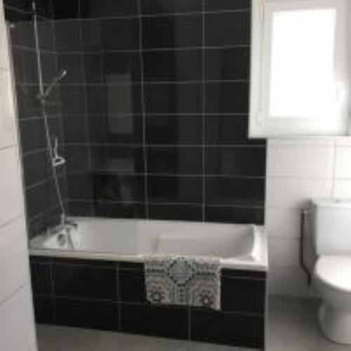 une salle de bain avec baignoire et toilettes dans l'établissement LOURDES SEGUS Location vacances, à Ségus