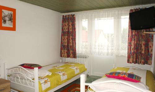 a bedroom with two beds and a tv and a window at Domek Pod Różą in Krasnobród