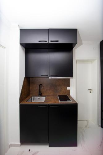 Una cocina con gabinetes negros y un fregadero. en Apartmani Andric Budva, en Budva