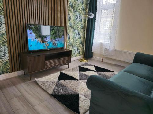 a living room with a television and a couch at Homely one bed apartment on main road with easy access to city or Peak District in Heeley