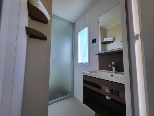 y baño con lavabo, ducha y espejo. en Camping Rondinara, en Bonifacio