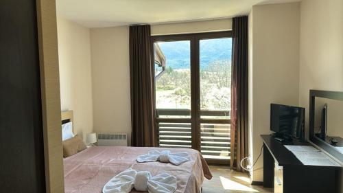 a bedroom with a bed and a large window at Alpine Lodge Bansko Apartments in Bansko