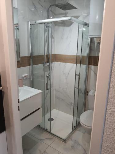 une salle de bain avec une douche en verre et des toilettes dans l'établissement Maison climatisée 2 chambres idéalement située Narbonne plage, à Narbonne-Plage