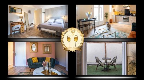 un collage de quatre photos d'une pièce dans l'établissement Champagne en Terrasse - Elégant et Discret, à Troyes