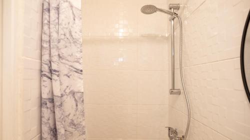 une salle de bain avec une douche avec un rideau de douche dans l'établissement Champagne en Terrasse - Elégant et Discret, à Troyes