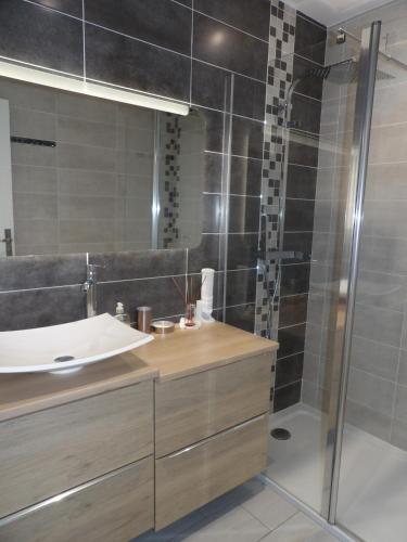 une salle de bain avec un lavabo et une douche dans l'établissement St Cyprien Charmante maison proche du port et des plages, à Saint-Cyprien