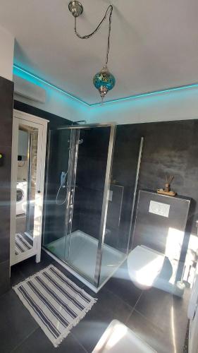 a bathroom with a shower with a glass wall at Sundial Stone House in Ždrelac