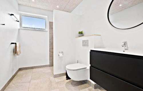 ein Badezimmer mit einem WC, einem Waschbecken und einem Spiegel in der Unterkunft Cozy Home In Fllenslev With Wifi in Føllenslev