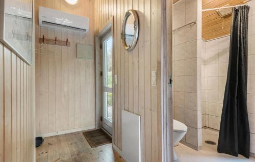 a bathroom with a toilet and a mirror at Cozy Home In Silkeborg With Wifi in Silkeborg