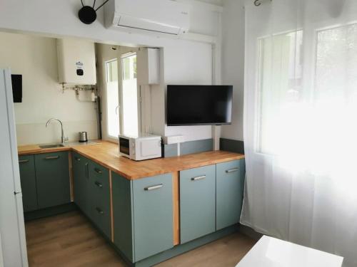 Il comprend une cuisine avec des placards bleus et une télévision à écran plat. dans l'établissement Sources bas chambre climatisation, à Avignon
