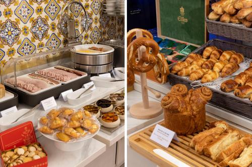 two pictures of a bakery with bread and pastries at James Boutique Hôtel Colmar centre in Colmar