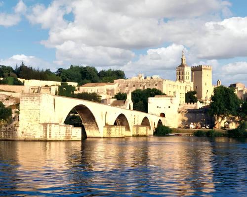 un puente sobre un río frente a una ciudad en Maison d'une chambre avec jardin clos et wifi a Avignon, en Aviñón