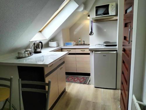 a small kitchen with a stove and a microwave at Zielone Wzgórze na Starówce in Sandomierz