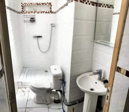 Baño blanco con aseo y lavamanos en Maison d'une chambre avec jardin clos et wifi a Avignon, en Aviñón