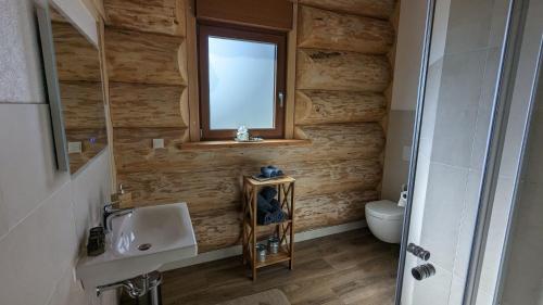 a bathroom with a sink and a toilet and a window at Waldzeit Lodge - Ferienwohnung Hase in NeuhÃ¼tten