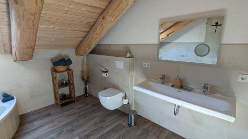 a bathroom with a sink and a toilet at Waldzeit Lodge - Ferienwohnung Eule in NeuhÃ¼tten