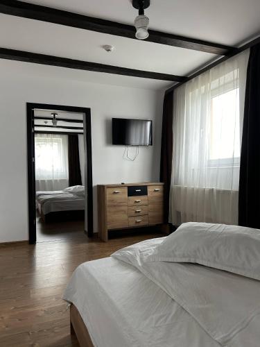 a bedroom with a bed and a tv and a mirror at Hotel Intim in Rădăuţi