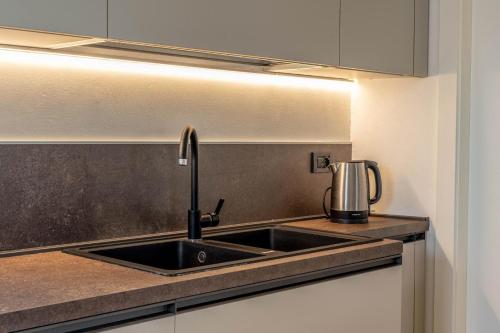 a kitchen with a sink and a counter top at Al Borgo, Taio Ospitar in Taio