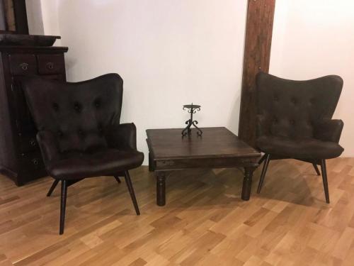 dwa czarne krzesła i stolik kawowy z kamerą w obiekcie Ferienwohnung Penzlin im Rittergut Leppersdorf w mieście Leppersdorf