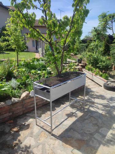 a tree in a cage in a garden at Lux Apartmans-VILA MALI RAJ in Udovice