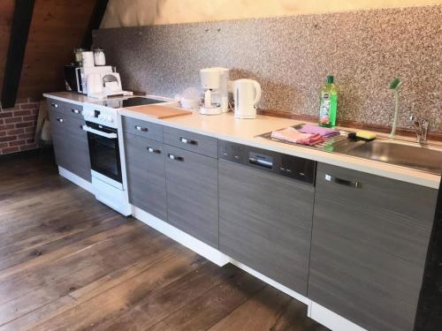 una cocina con armarios de acero inoxidable y fregadero en Ferienwohnung Turmzimmer für 4 Personen en Leppersdorf