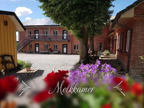 a courtyard with flowers in front of a building at Melkkamer in Mittelangeln