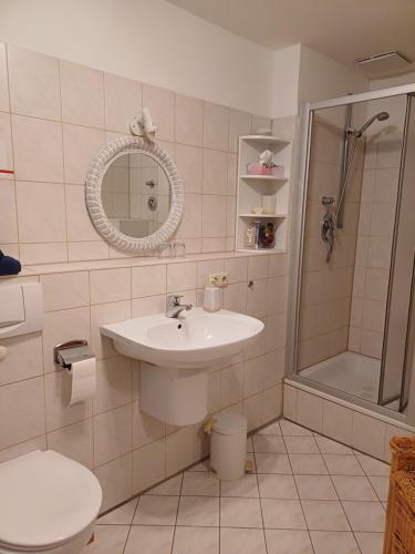 a bathroom with a sink and a shower and a toilet at Apartment Flughafen Leipzig in Hayna