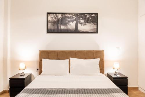 1 dormitorio con 1 cama grande y 2 mesitas de noche en Apartment @Katehaki Metro en Atenas