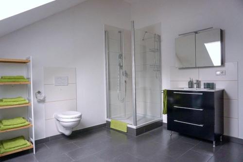 een badkamer met een douche, een toilet en een wastafel bij Ferienwohnung Ottobeuren in Ottobeuren