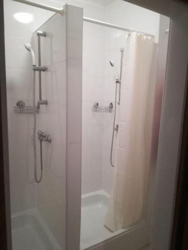 a bathroom with a shower with a shower curtain at 3072 Apartment MITTERFELD - Top A in Kasten bei Böheimkirchen