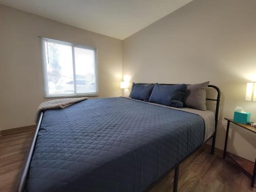 1 dormitorio con 1 cama grande con sábanas azules y ventana en 2 Bedroom 2 Bath Apartment Near Mayo, Park Free! en Rochester