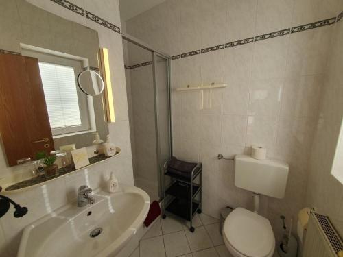 a bathroom with a white toilet and a sink at 17 Apartments und 2 Suiten in Zwingenberg